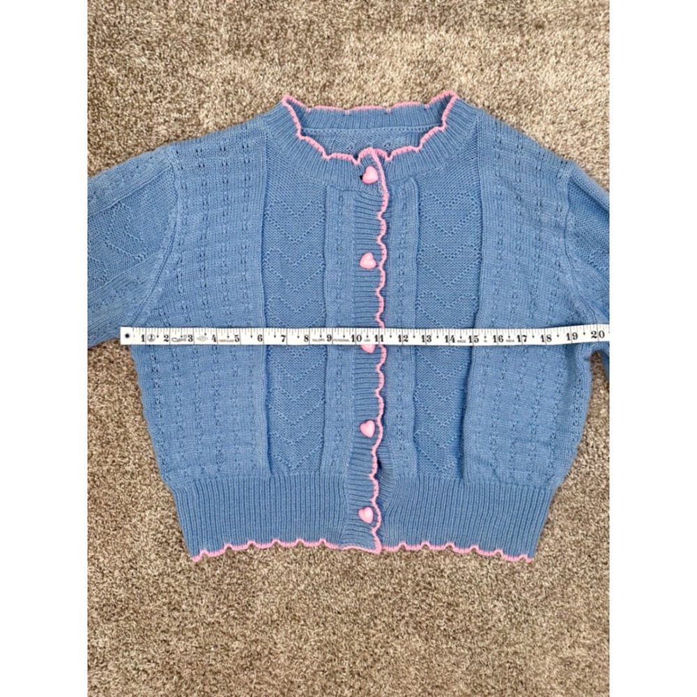 Blue Knit Cardigan Pink Heart Buttons Scallop Trim Coquette Cottagecore Sweater - Picture 3 of 3